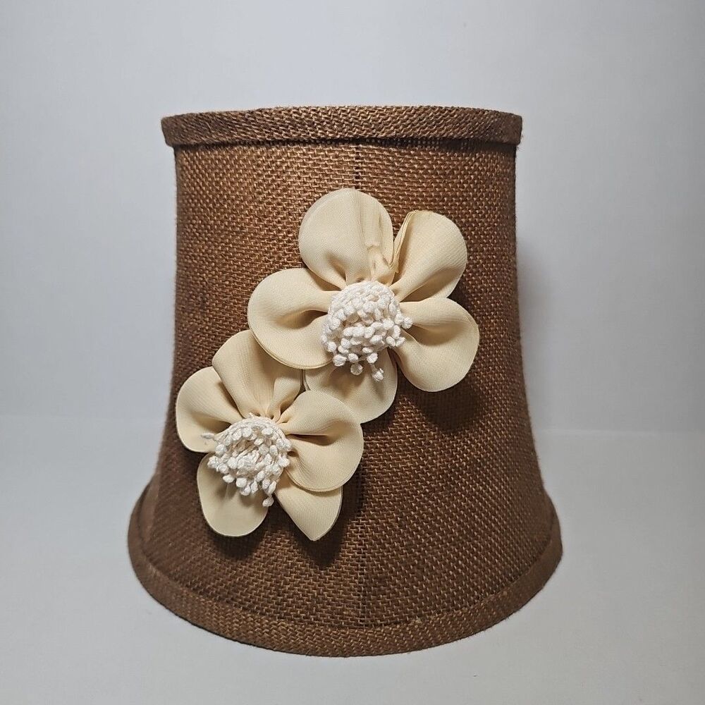 Burlap Lampshade Beige Flowers Satin Interior Bell Shape Boho Vintage Style 9"